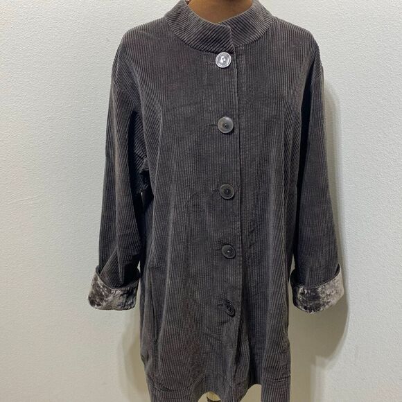 J Jill Corduroy Jacket Long Full Button Front Pockets Mandarin Collar Size Large - Picture 2 of 12